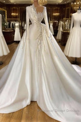 Glamorous Long Sleeves Pearls Wedding Dress Mermaid With Detachable Train